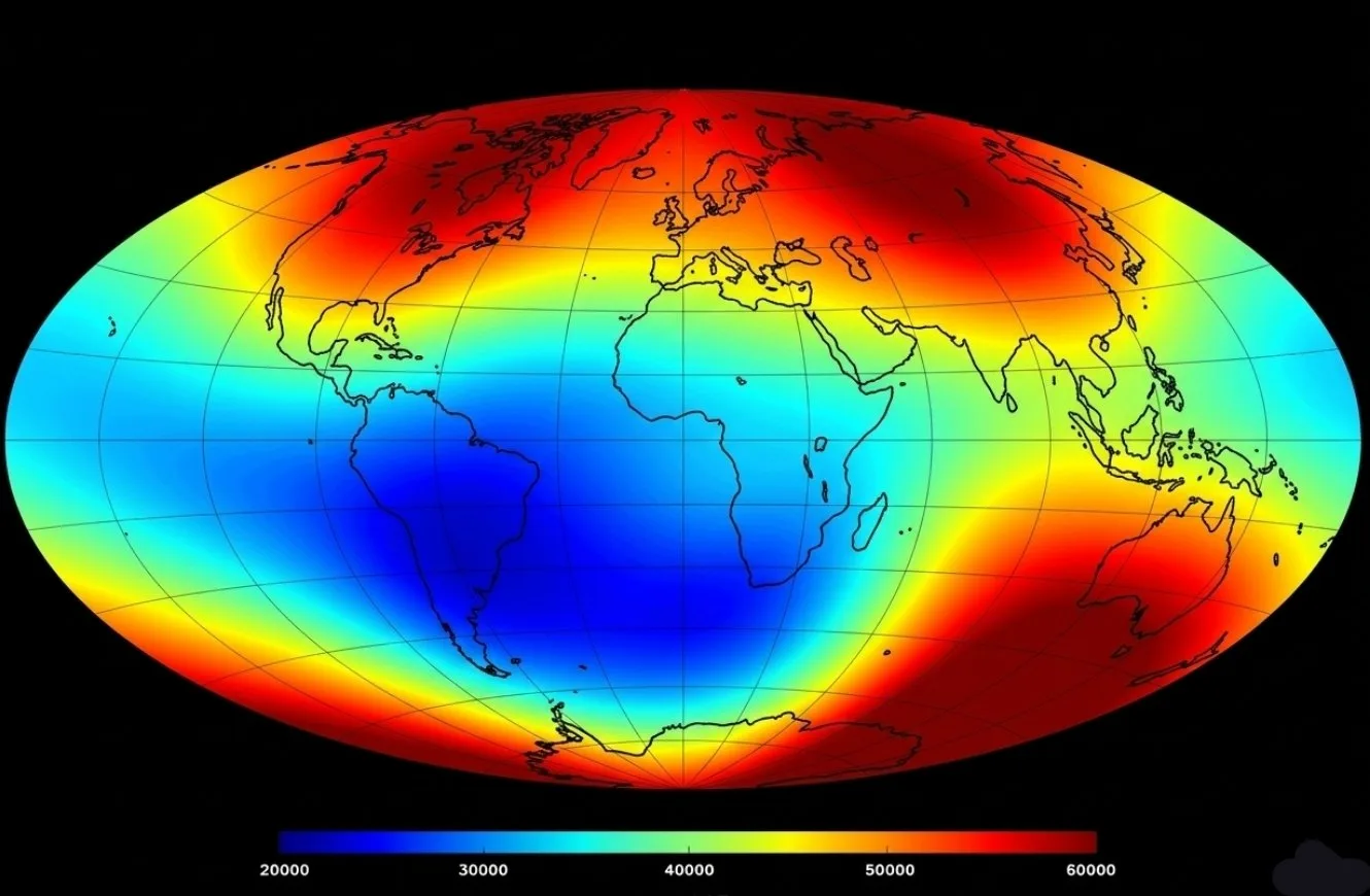 Imagen del campo magnético terrestre y su intensidad, evidenciando en azul, la baja intensidad mostrada en la zona del hemisferio sur.