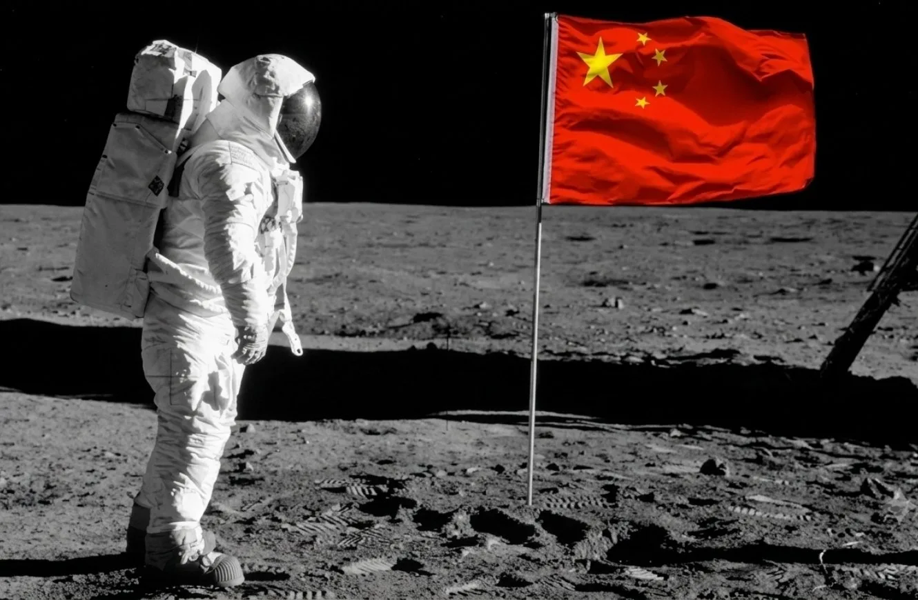 Imagen artística de un astronauta chino pisando la Luna. China Luna
