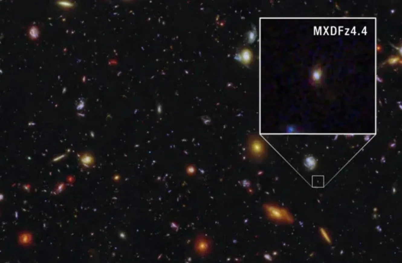 galaxia hubble Vista completa del telescopio espacial Hubble de MXDFz4.4 y sus alrededores desde nuestra posición. Créditos: NASA/ESA/CSA/STScI.