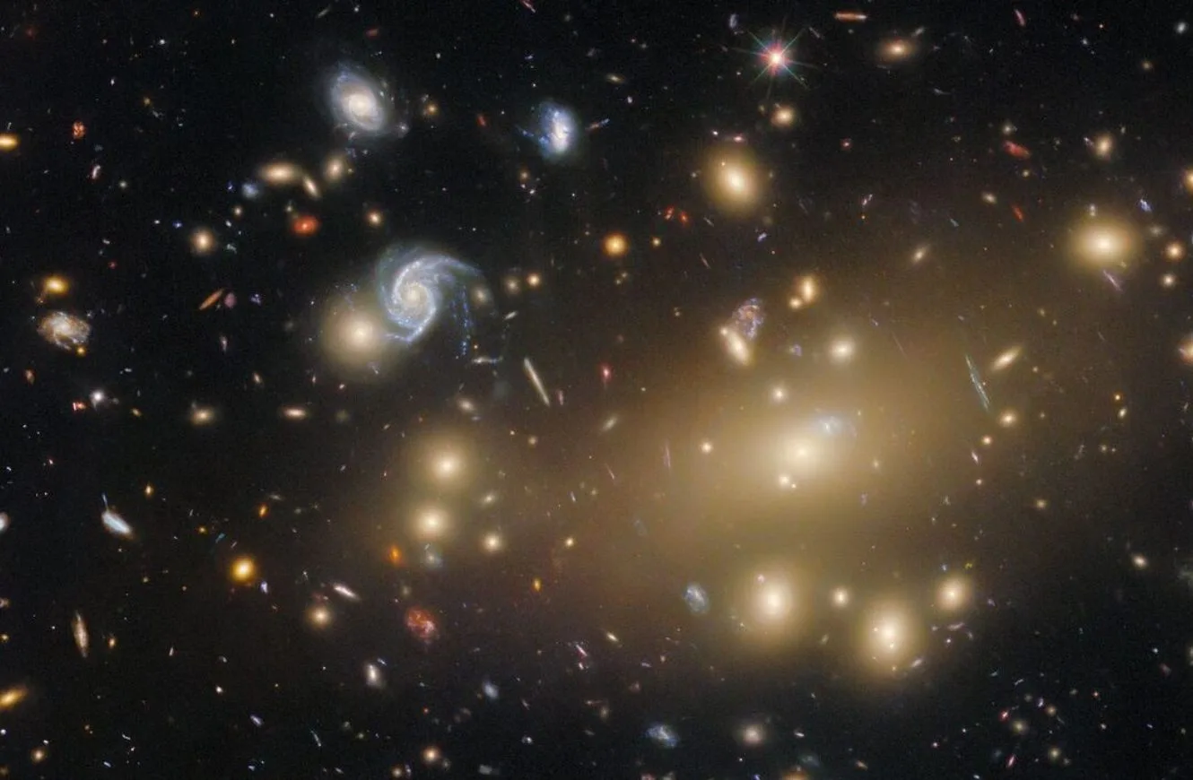 Miles de galaxias brillantes están unidas por su propia gravedad, formando un cúmulo masivo clasificado formalmente como MACS J1423. El óvalo blanco brillante más grande es una galaxia elíptica supergigante y el miembro dominante de este cúmulo de galaxias. Crédito: NASA, ESA, CSA, STScI. Big Bang