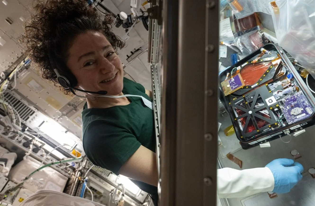 La astronauta de la NASA Jessica Meir instala equipos de investigación dentro de la caja de guantes para ciencias biológicas del módulo de laboratorio Kibo para aprender a fabricar y comercializar terapias diseñadas en el espacio para diversas enfermedades. Crédito: NASA.