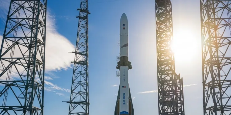 Imagen del cohete New Glenn de Blue Origin, en la plataforma de lanzamiento de Cabo Cañaveral. plataforma New Glenn
