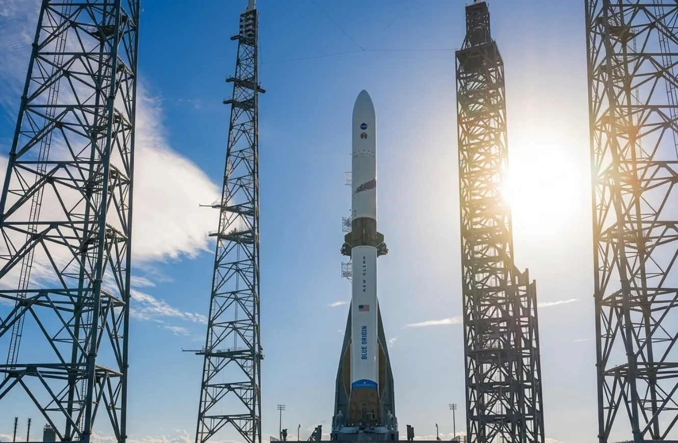 Imagen del cohete New Glenn de Blue Origin, en la plataforma de lanzamiento de Cabo Cañaveral. plataforma New Glenn