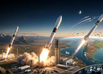 Representación artística del despliegue simultáneo de los tres vectores que lideran la carrera hacia la órbita en Argentina: el ultraligero Aventura de TLON Space (izquierda), la icónica familia Tronador de VENG (centro) y el remolcador de última milla Chimera de Epic Aerospace (derecha). Un ecosistema que combina el legado científico estatal con la agilidad del modelo startup.