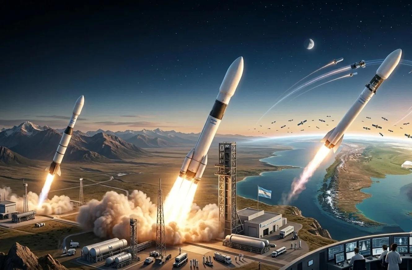 Representación artística del despliegue simultáneo de los tres vectores que lideran la carrera hacia la órbita en Argentina: el ultraligero Aventura de TLON Space (izquierda), la icónica familia Tronador de VENG (centro) y el remolcador de última milla Chimera de Epic Aerospace (derecha). Un ecosistema que combina el legado científico estatal con la agilidad del modelo startup.
