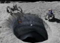 Imagen de robots explorando tubos de lava lunares para el establecimiento de una base lunar de la NASA.