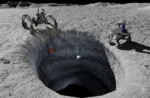 Imagen de robots explorando tubos de lava lunares para el establecimiento de una base lunar de la NASA.