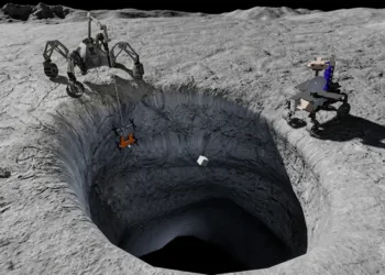 Imagen de robots explorando tubos de lava lunares para el establecimiento de una base lunar de la NASA.