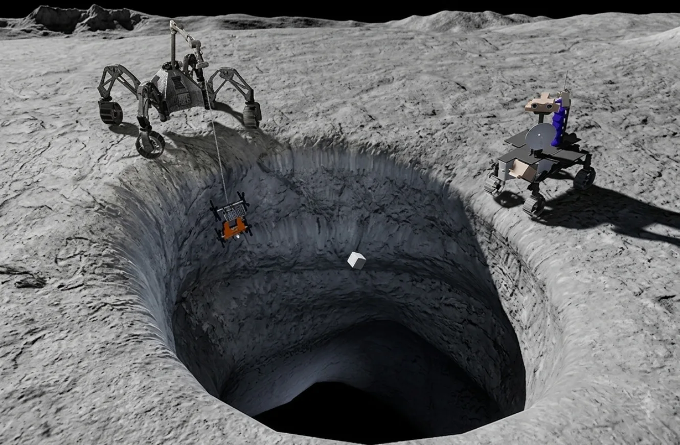 Imagen de robots explorando tubos de lava lunares para el establecimiento de una base lunar de la NASA.