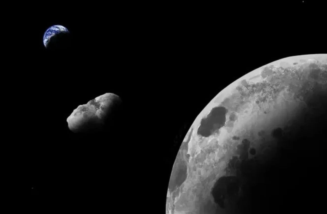 Representación artística del cuasisatélite terrestre Kamoʻoalewa cerca del sistema Tierra-Luna. Crédito: Addy Graham/Universidad de Arizona.