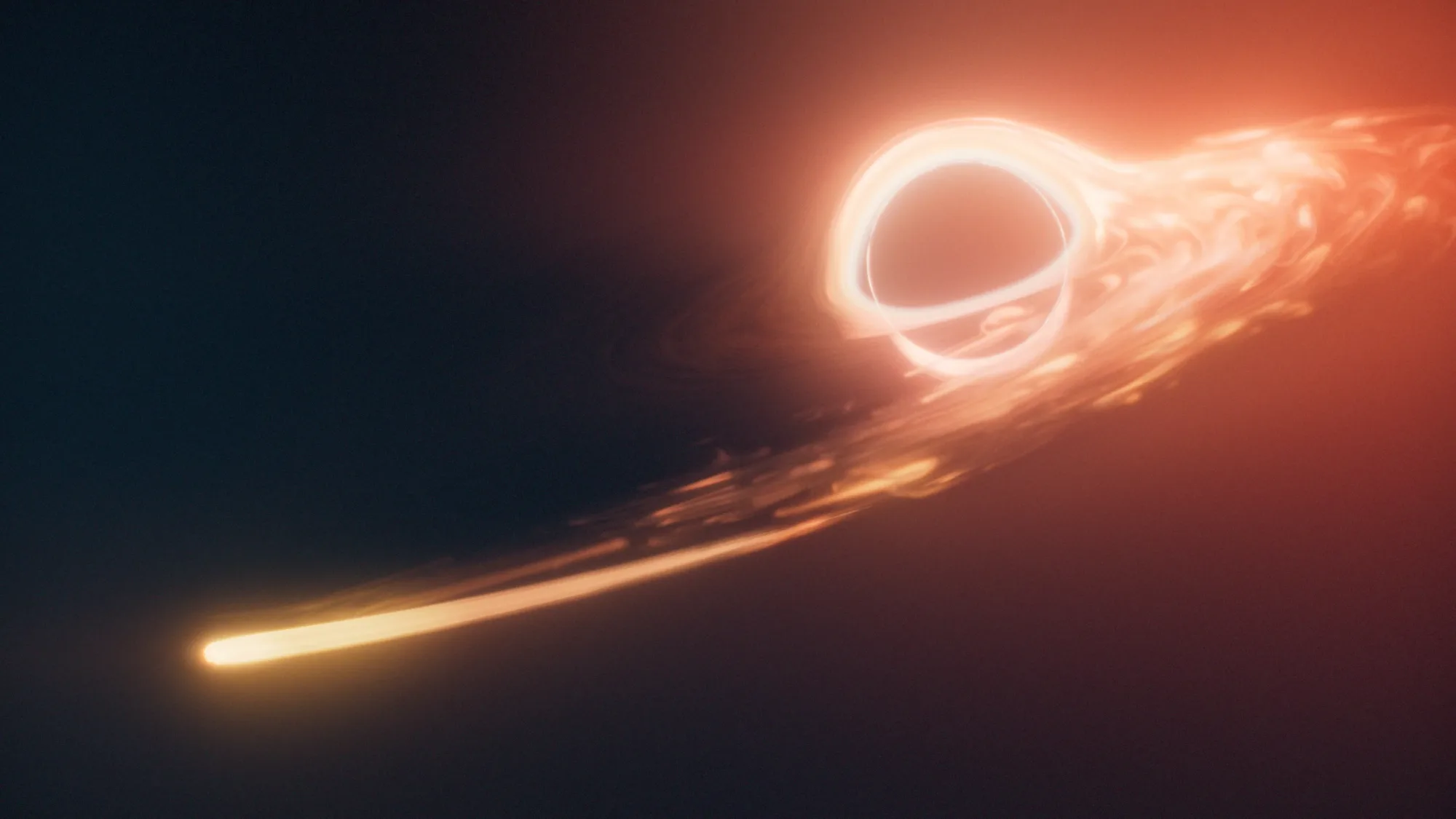 Concepto artístico de una estrella similar al Sol siendo destrozada por un agujero negro supermasivo, un fenómeno conocido como disrupción de marea.