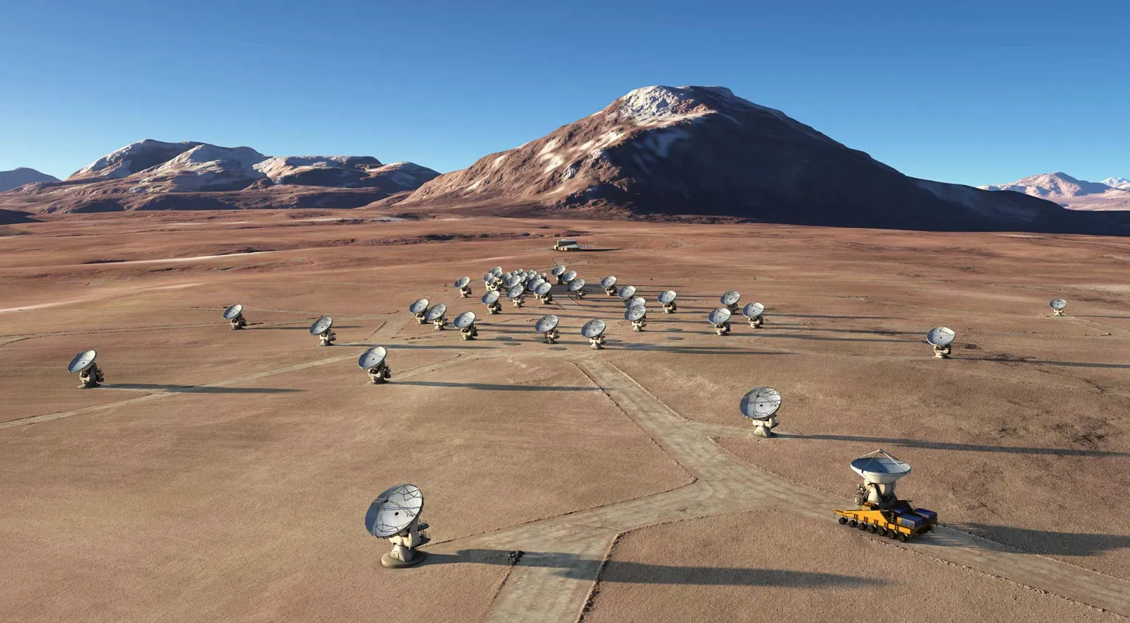 El Atacama Large Millimeter/submillimeter Array (ALMA) es el radiotelescopio más potente de la Tierra, y se encuentra en el llano de Chajnantor, en Chile, a 5.000 metros de altitud.
