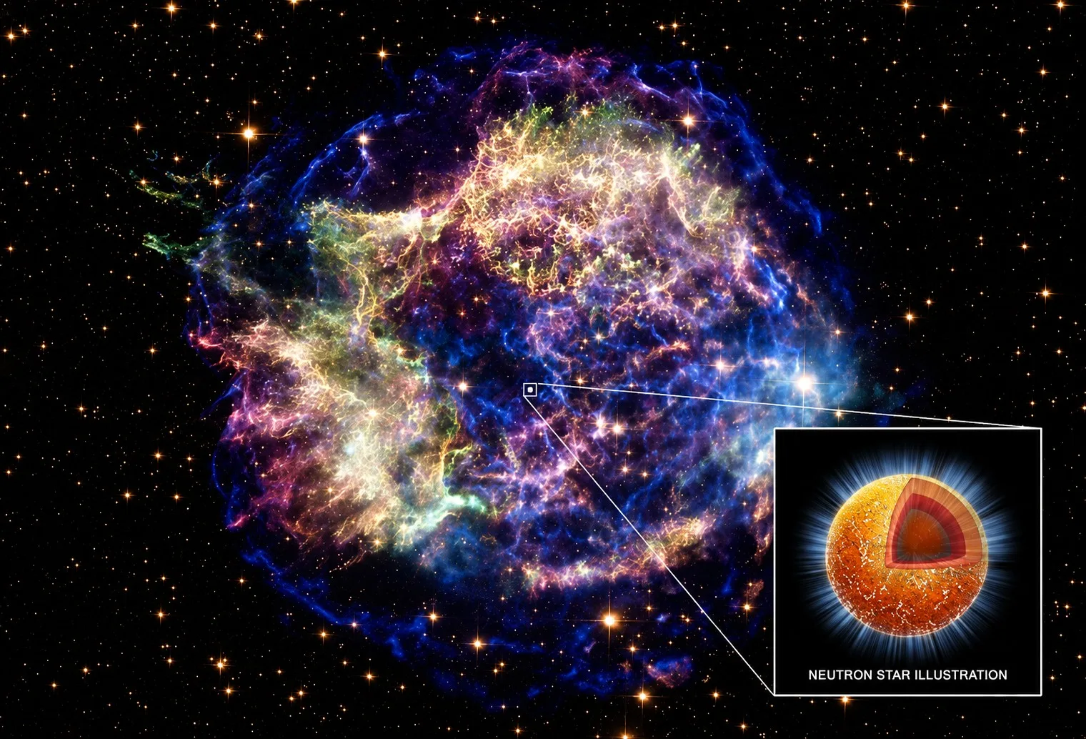 "Muerte" de una estrella que se convierte en una estrella de neutrones. Las capas exteriores se contraen hacia adentro y explotan en una supernova, expulsando la materia que se observa alrededor como una nube de colores. El nucleo, por su parte, colapsa en una estrella de neutrones.