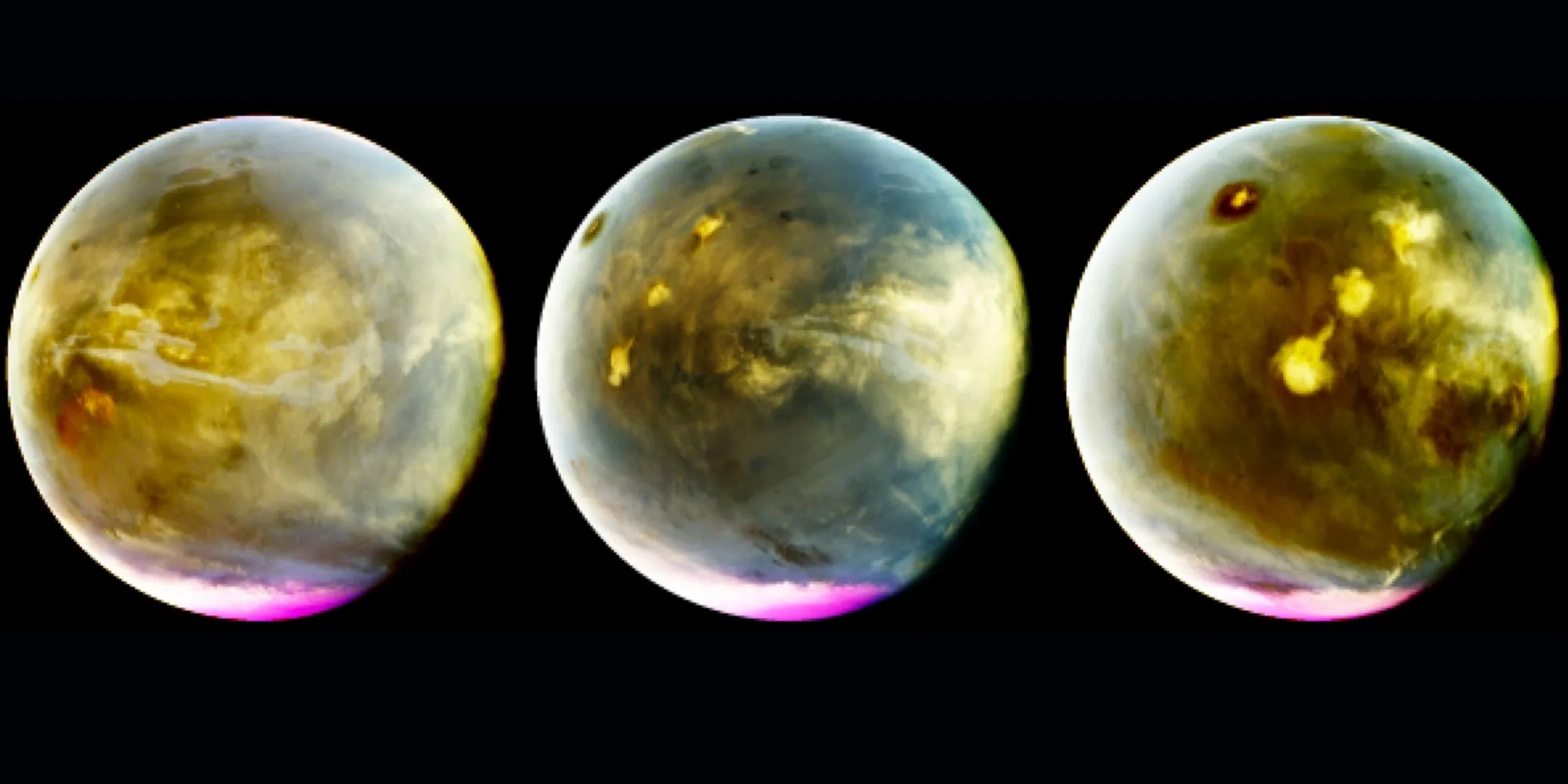 Imágenes ultravioletas de Marte, tomadas por MAVEN, revelan la formación de nubes sobre el Planeta Rojo.