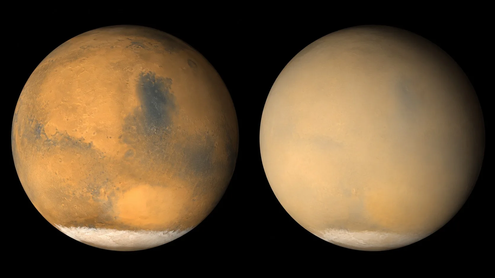 Imágenes captadas por el Mars Global Surveyor de la NASA muestran un cambio en la apariencia del planeta cuando la neblina levantada por la actividad de tormentas de polvo en el sur se distribuyó globalmente. Imagen de 2001. Crédito: NASA/ JPL-Caltech/ MSSS.