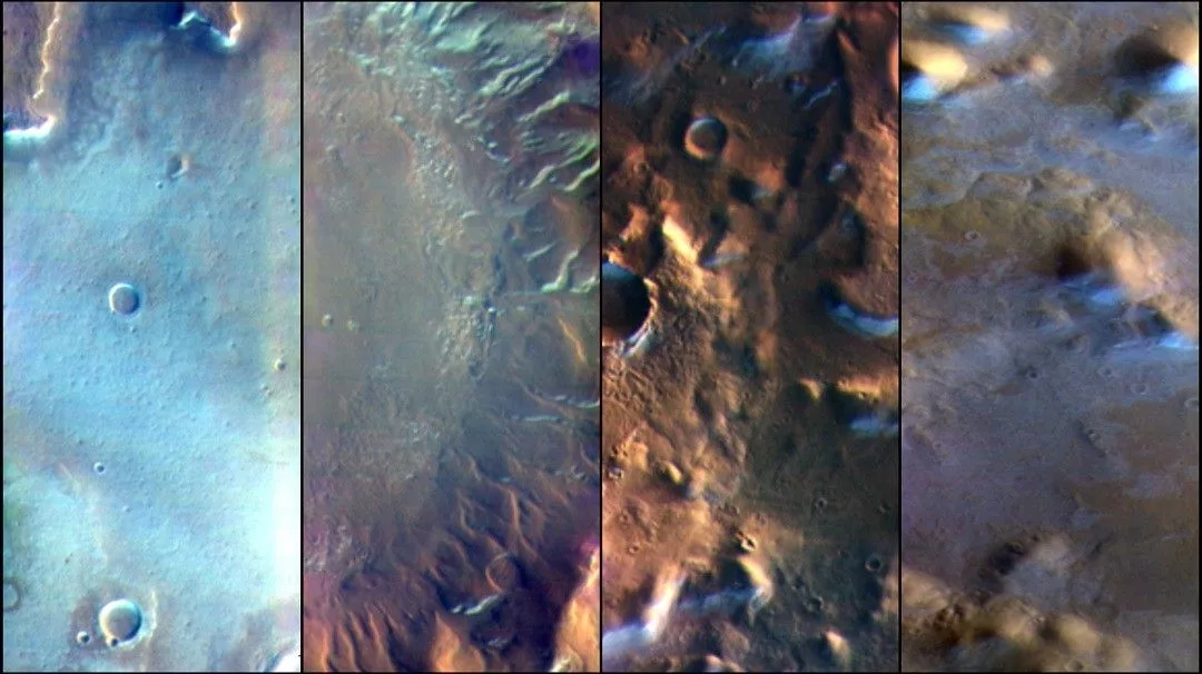 La superficie marciana, compuesta principalmente de dióxido de carbono, captada por la cámara THEMIS (Thermal Emission Imaging System) a bordo del Odyssey de la NASA en 2001.