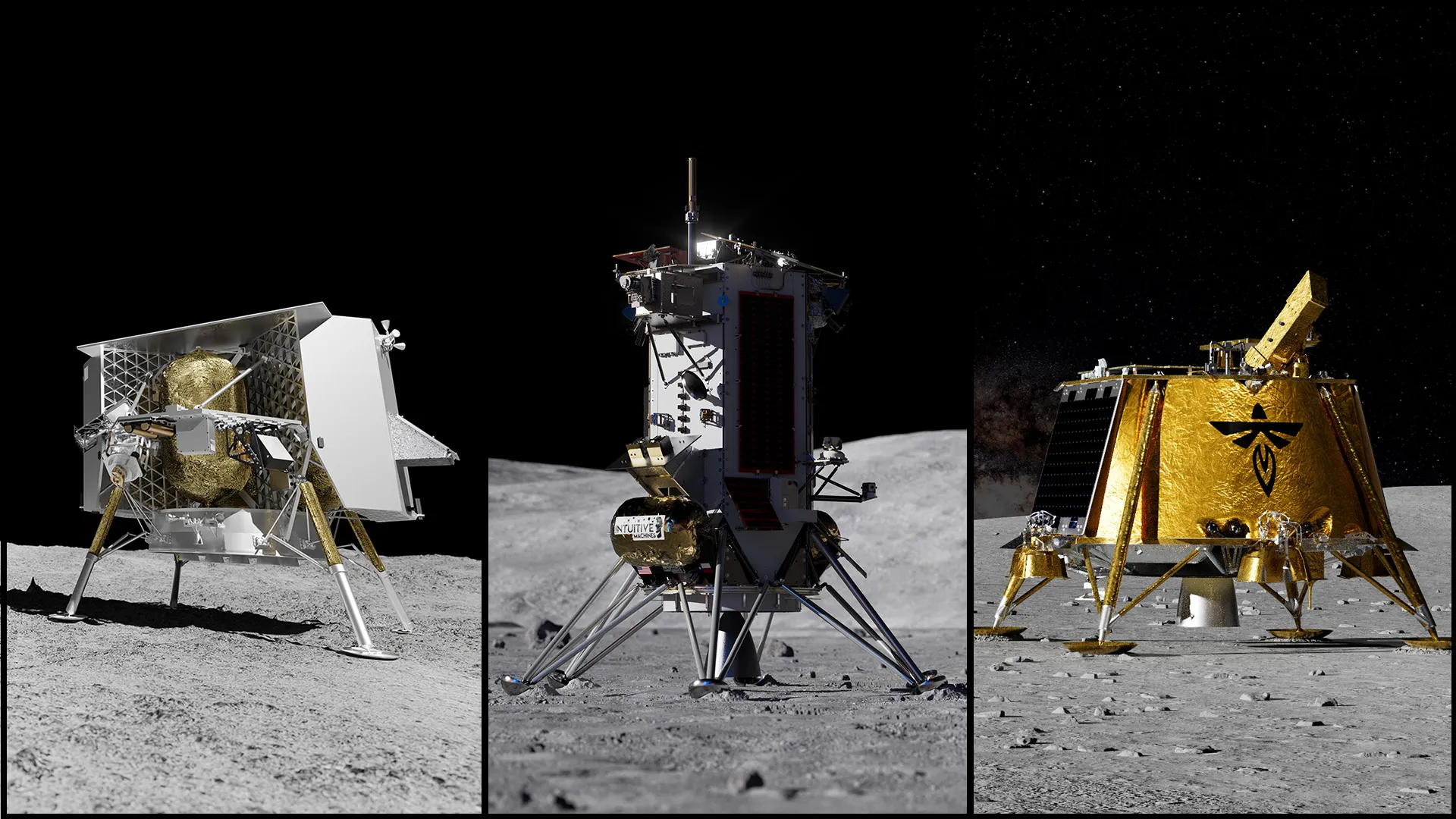 Imágenes conceptuales de módulos de aterrizaje lunares comerciales de Astrobotic, Intuitive Machines y Firefly en la Luna. La NASA anunció el 30 de junio que estos módulos llevarán más investigaciones científicas y demostraciones tecnológicas a la superficie lunar para el Programa de Bases Lunares de la NASA.