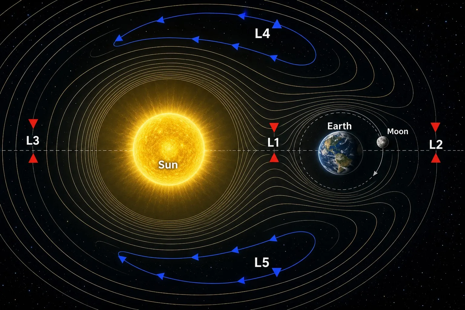 Esquema de los puntos de Lagrange del sistema Tierra-Sol.