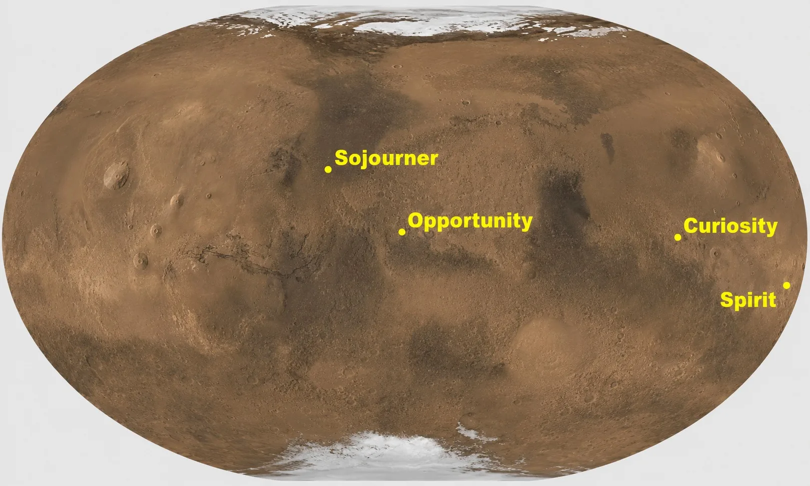 Los sitios de aterrizaje de los cuatro rovers de Marte.