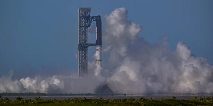 The SpaceX Starship and Super Heavy v3 Booster auto-aborts at ignition before its 13th test flight from the SpaceX launch complex in Starbase, Texas, U.S., July 16, 2026. REUTERS/Steve Nesius