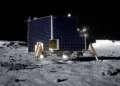 Representación artística del módulo de aterrizaje lunar Griffin Mission One de Astrobotic en la superficie de la Luna. Griffin-1 forma parte de la misión de la NASA. Crédito: NASA. Voyager Technologies