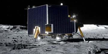 Representación artística del módulo de aterrizaje lunar Griffin Mission One de Astrobotic en la superficie de la Luna. Griffin-1 forma parte de la misión de la NASA. Crédito: NASA. Voyager Technologies