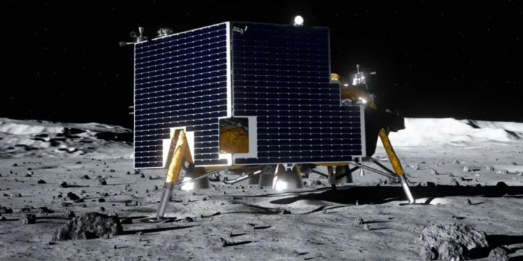 Representación artística del módulo de aterrizaje lunar Griffin Mission One de Astrobotic en la superficie de la Luna. Griffin-1 forma parte de la misión de la NASA. Crédito: NASA. Voyager Technologies