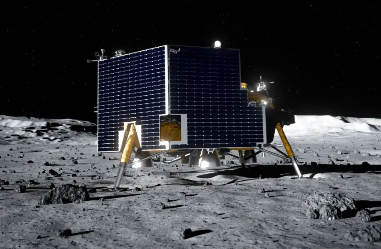 Representación artística del módulo de aterrizaje lunar Griffin Mission One de Astrobotic en la superficie de la Luna. Griffin-1 forma parte de la misión de la NASA. Crédito: NASA. Voyager Technologies