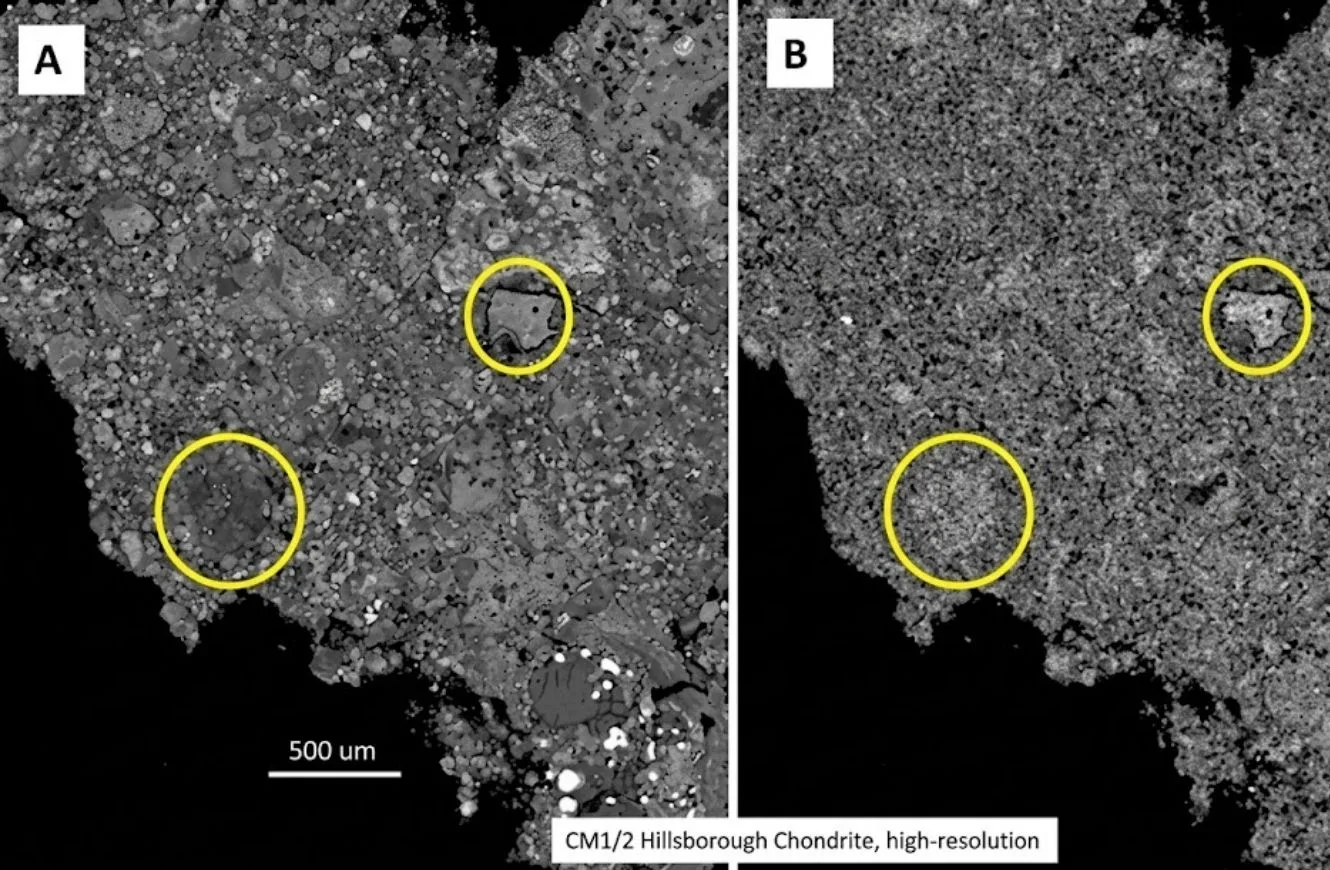 Imagen de zonas con concentraciones inusuales de sodio en el meteorito de Hillsborough. Crédito: NASA.