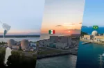 Imagen de las centrales nucleares más conocidas de LATAM. De izquierda a derecha La composición integra visualmente las características de las tres centrales principales que describimos: Atucha (Argentina), Angra (Brasil) y Laguna Verde (México).