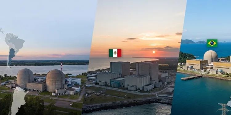 Imagen de las centrales nucleares más conocidas de LATAM. De izquierda a derecha La composición integra visualmente las características de las tres centrales principales que describimos: Atucha (Argentina), Angra (Brasil) y Laguna Verde (México).