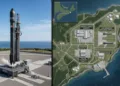 Imagen del cohete de Isar Aerospace y la ubicación e infraestructura proyectada para el complejo comercial Spaceport Nova Scotia.