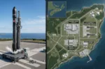 Imagen del cohete de Isar Aerospace y la ubicación e infraestructura proyectada para el complejo comercial Spaceport Nova Scotia.