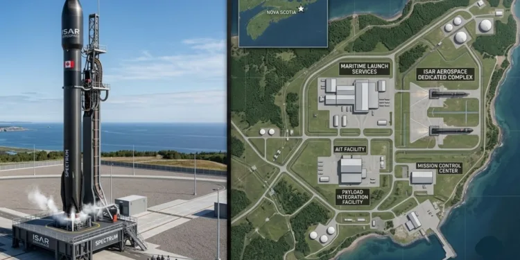 Imagen del cohete de Isar Aerospace y la ubicación e infraestructura proyectada para el complejo comercial Spaceport Nova Scotia.