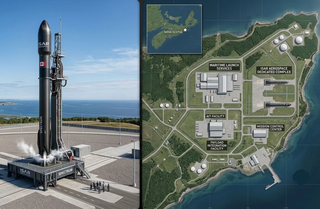 Imagen del cohete de Isar Aerospace y la ubicación e infraestructura proyectada para el complejo comercial Spaceport Nova Scotia.