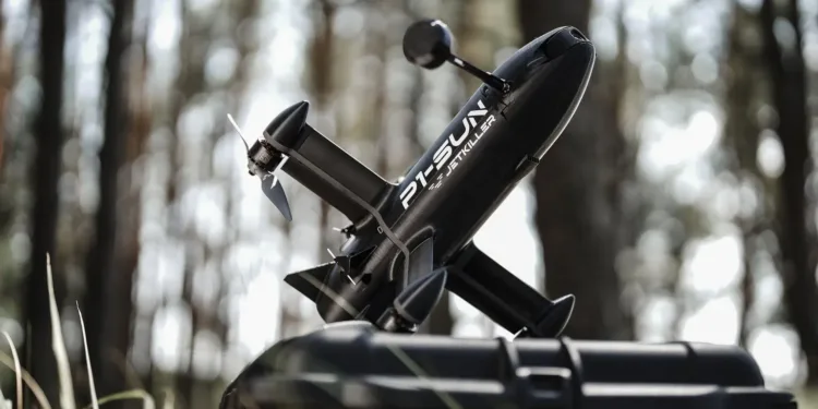 El dron interceptor P1-SUN JetKiller, producido por la empresa de defensa ucraniana Skyfall y presentado en julio de 2026. (Skyfall)