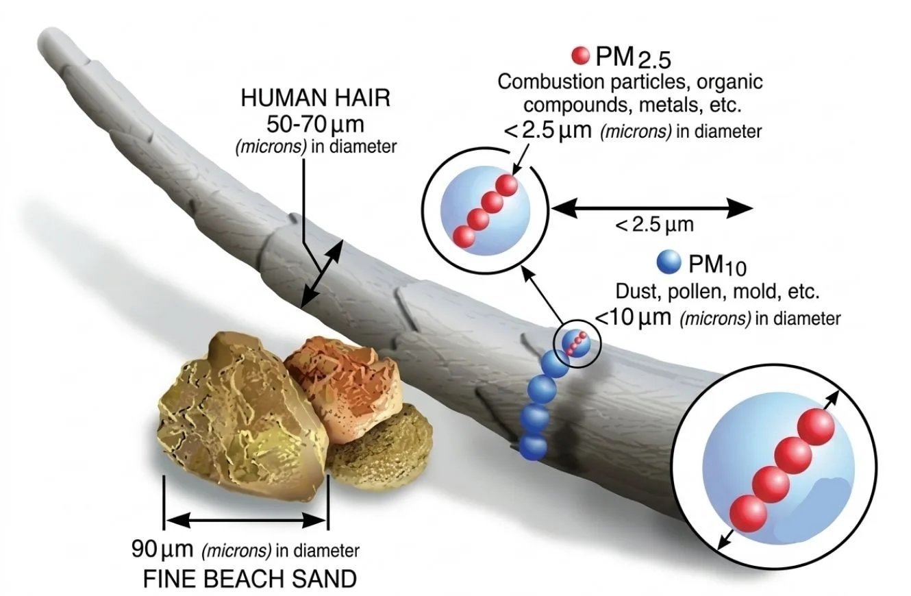 Imagen del tamaño del bioaerosol PM 2.5 comparado con un grano de arena, el pelo humano y otras partículas del aire.
