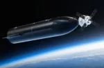Imagen renderizada de la nave espacial Starship y la cápsula Orion de SpaceX acopladas en órbita terrestre baja.