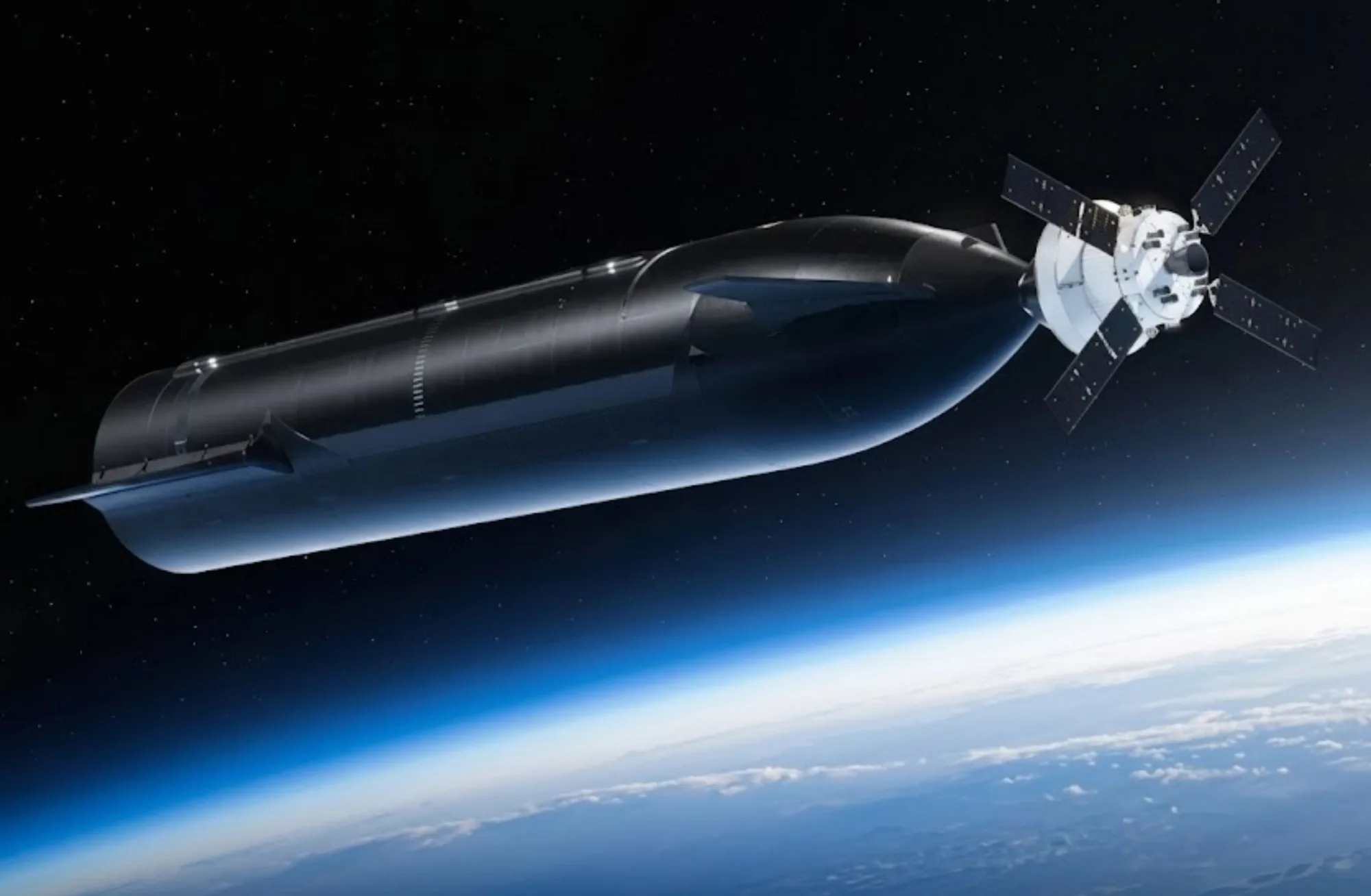 Imagen renderizada de la nave espacial Starship y la cápsula Orion de SpaceX acopladas en órbita terrestre baja.
