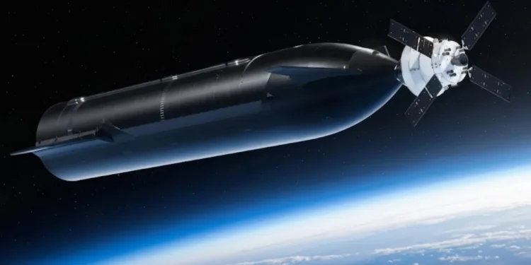 Imagen renderizada de la nave espacial Starship y la cápsula Orion de SpaceX acopladas en órbita terrestre baja.