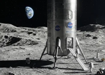 Imagen ficticia de la nave Starship en la Luna.