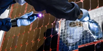 Técnicos e ingenieros dentro de la instalación de mantenimiento de cargas peligrosas en el Centro Espacial Kennedy de la NASA en Florida limpian e inspeccionan el Escudo Solar de Matriz Solar (SASS) en el Telescopio Espacial Nancy Grace Roman. Crédito: NASA.