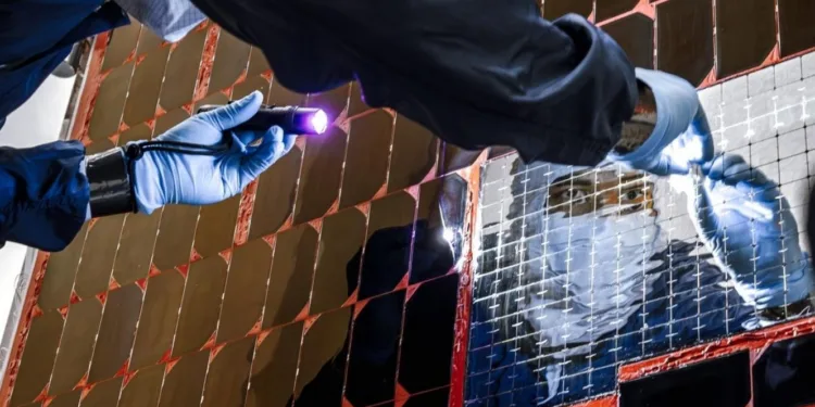 Técnicos e ingenieros dentro de la instalación de mantenimiento de cargas peligrosas en el Centro Espacial Kennedy de la NASA en Florida limpian e inspeccionan el Escudo Solar de Matriz Solar (SASS) en el Telescopio Espacial Nancy Grace Roman. Crédito: NASA.