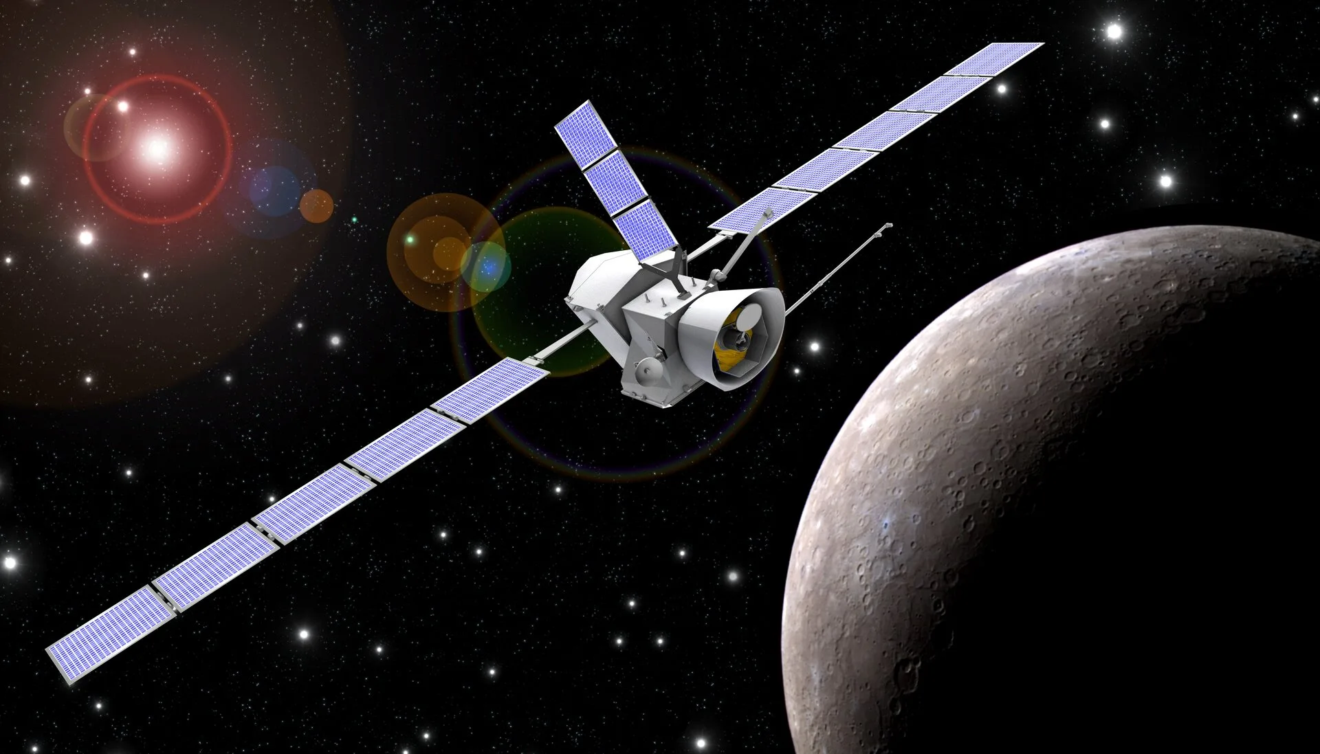 Después de 8 años de viaje, la nave BepiColombo llega a Mercurio para estudiar simultáneamente el planeta y su entorno con dos orbitadores especializados. Crédito: Agencia Espacial Europea (ESA).