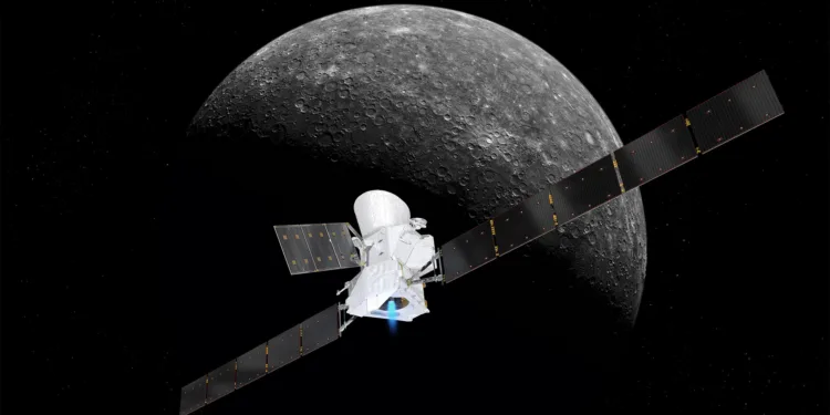 Después de 8 años de viaje, la nave BepiColombo llega a Mercurio para estudiar simultáneamente el planeta y su entorno con dos orbitadores especializados. Crédito: Agencia Espacial Europea (ESA).