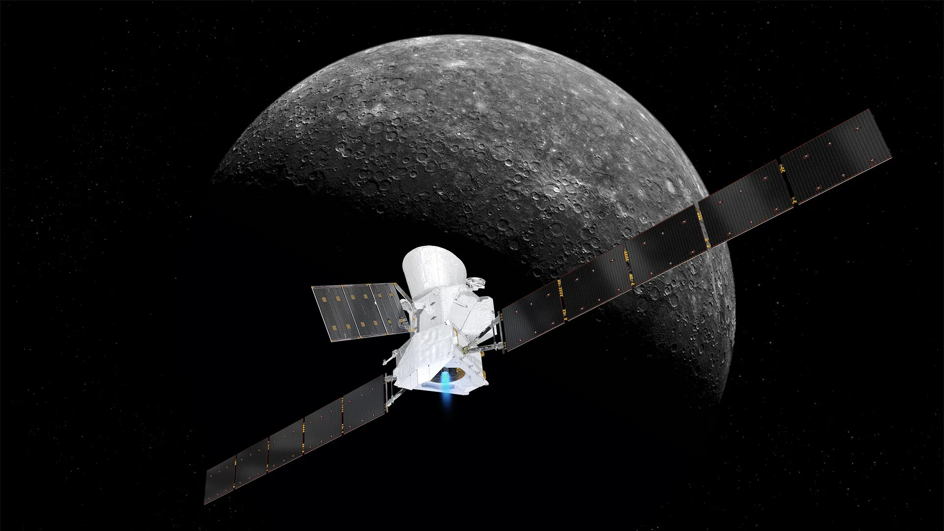 Después de 8 años de viaje, la nave BepiColombo llega a Mercurio para estudiar simultáneamente el planeta y su entorno con dos orbitadores especializados. Crédito: Agencia Espacial Europea (ESA).