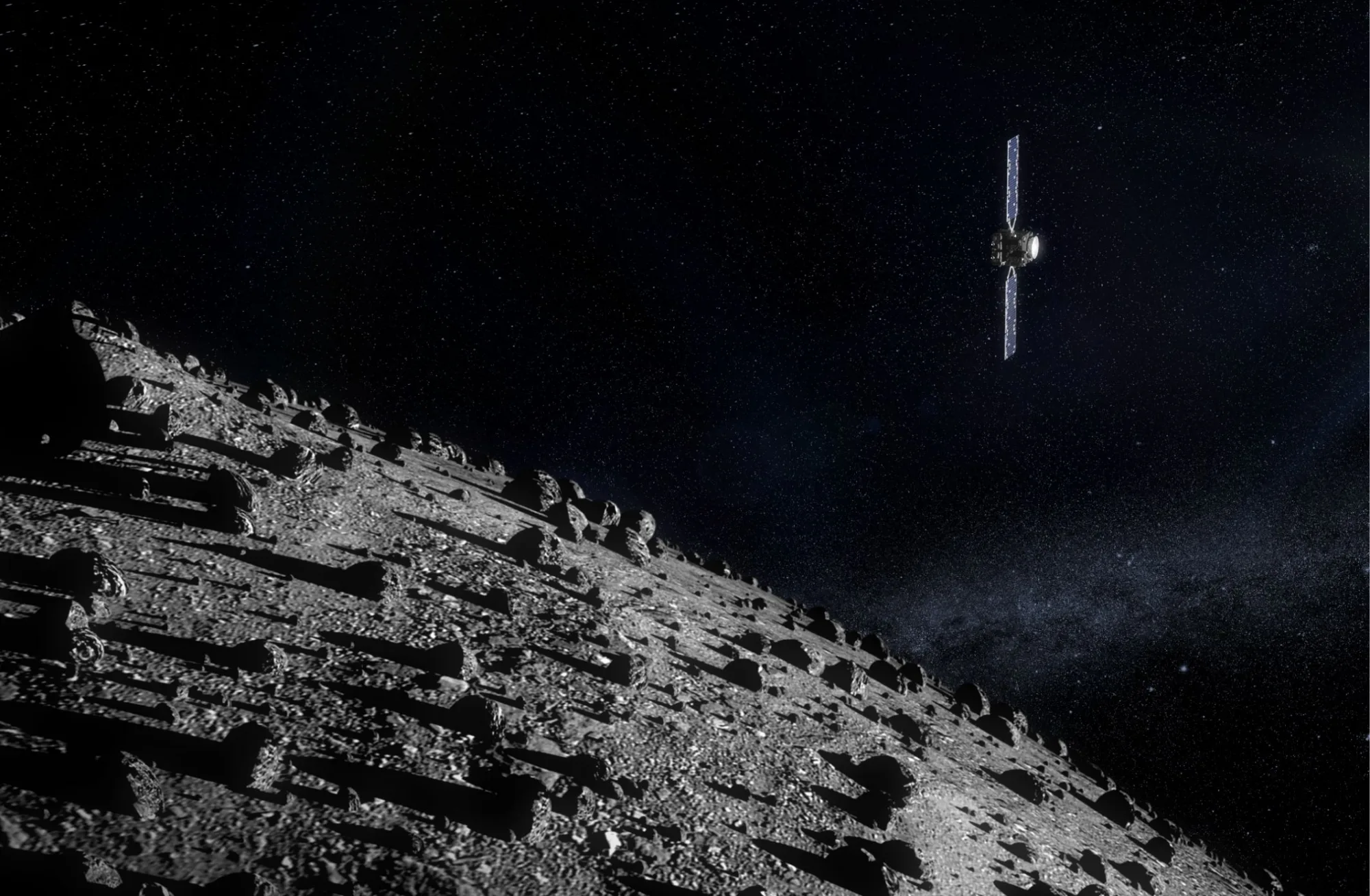 La nave Hera de la Agencia Espacial Europea (ESA) se acerca a Didymos y Dimorphos, el sistema binario de asteroides utilizado en 2022 para realizar la primera prueba de desvío de un cuerpo celeste. Crédito: ESA.