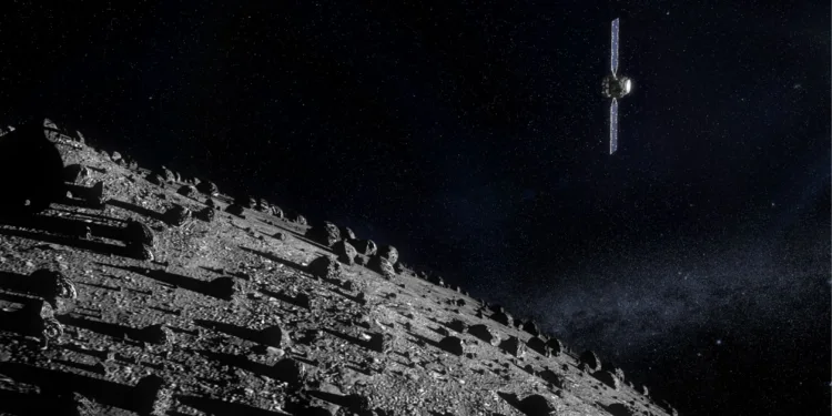 La nave Hera de la Agencia Espacial Europea (ESA) se acerca a Didymos y Dimorphos, el sistema binario de asteroides utilizado en 2022 para realizar la primera prueba de desvío de un cuerpo celeste. Crédito: ESA.