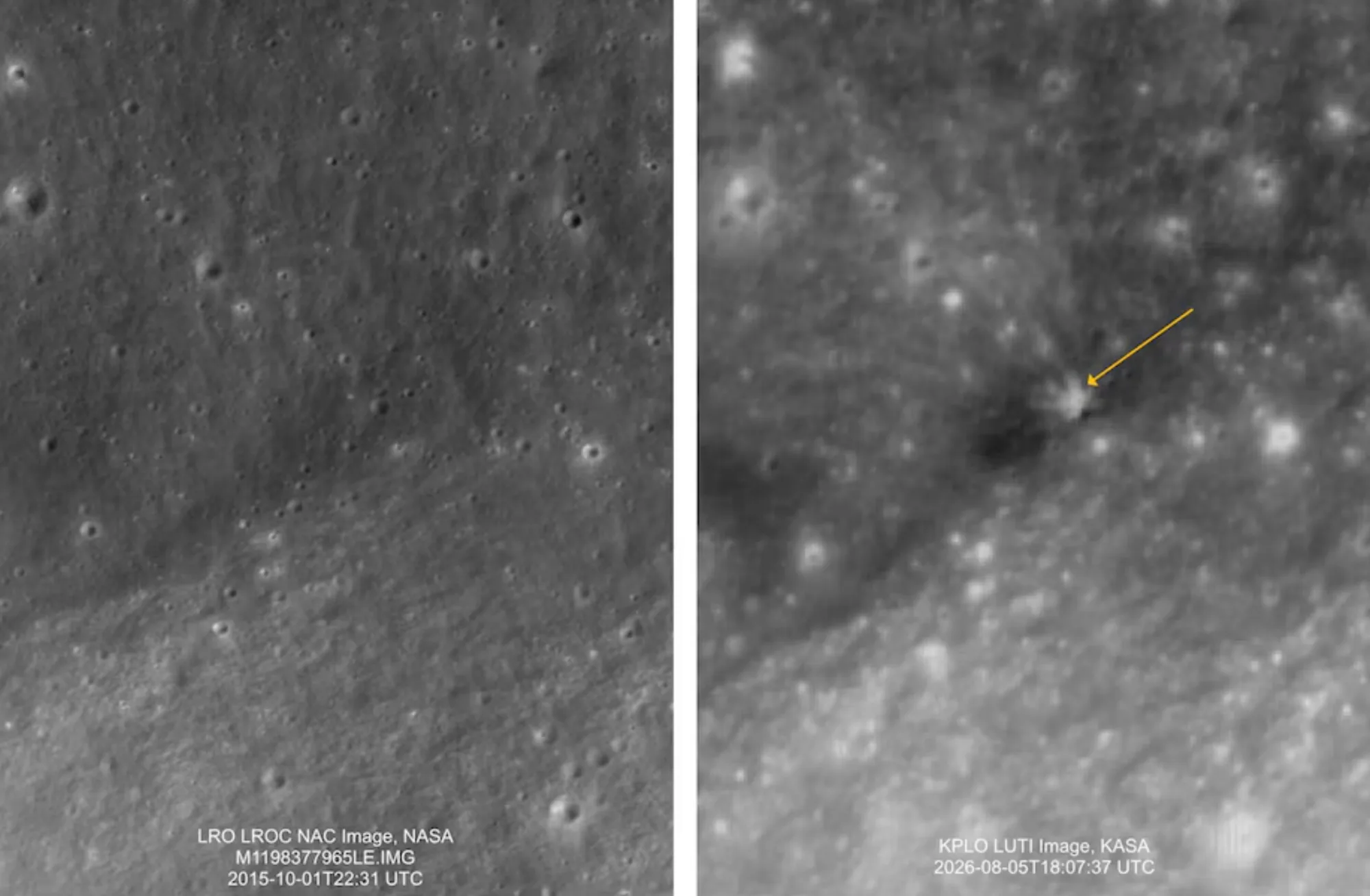 Imágenes satelitales de la zona del impacto de la segunda etapa de un cohete SpaceX Falcon 9 en la Luna.