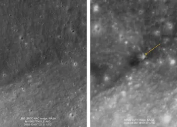 Imágenes satelitales de la zona del impacto de la segunda etapa de un cohete SpaceX Falcon 9 en la Luna.